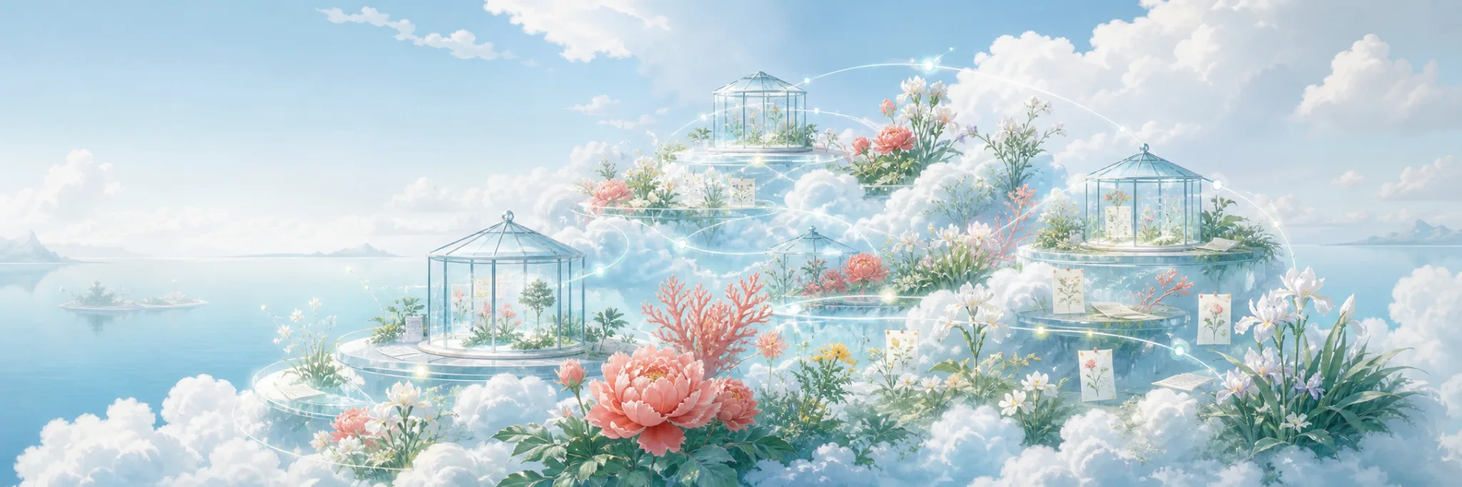云端花园、研究温室与知识连接光线组成的花云研究景观